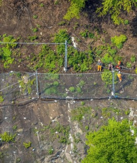 Aerial photo, rockfall protection fences and construction work on the closed cycle path and hiking