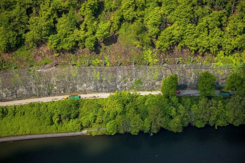 Aerial photograph, rockfall protection fences and construction work on the closed cycle path and