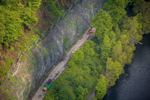 Aerial photograph, rockfall protection fences and construction work on the closed cycle path and