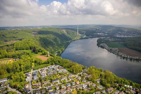 Aerial view, Harkortturm and Harkortsee, weather, Ruhr area, North Rhine-Westphalia, Germany, DE,
