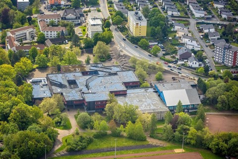 Aerial view, Geschwister-Scholl-Gymnasium with sports hall and indoor swimming pool Oberwengern,