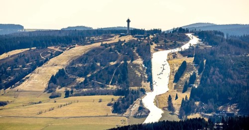 Ski downhill run with chairlift and Ettelsberg high heath tower, Willingen, Sauerland, Hesse,