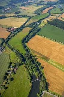 Aerial view, meadows and fields at the river Ruhr and Obergraben Am power plant, Wickede,