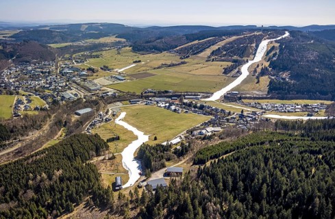 Ski downhill run with chairlift and Ettelsberg high heath tower, Willingen, Sauerland, Hesse,