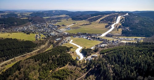 Ski downhill run with chairlift and Ettelsberg high heath tower, Willingen, Sauerland, Hesse,