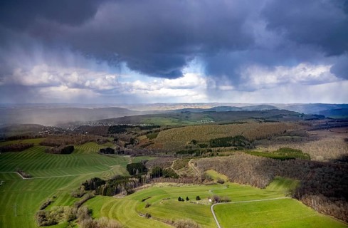 Aerial view, clouds over the forest area near Wilgersdorf, Wilnsdorf, Siegerland, North