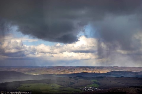 Aerial view, clouds over the forest area near Wilgersdorf, Wilnsdorf, Siegerland, North