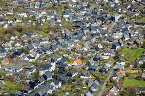 Aerial view, aerial view with Catholic Church St. Josef in Wilgersdorf, Wilnsdorf, Siegerland,