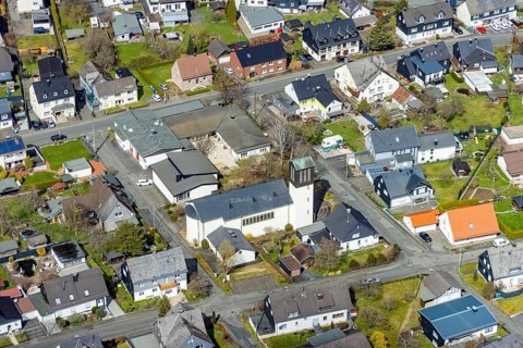Aerial view, Catholic Church of St. Joseph in Wilgersdorf, Wilnsdorf, Siegerland, North