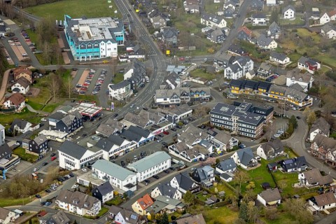 Aerial view, town hall and town centre Wilnsdorf, Siegerland, North Rhine-Westphalia, Germany, DE,