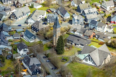 Aerial view, St. Martin's Catholic Church in Wilnsdorf, Siegerland, North Rhine-Westphalia,