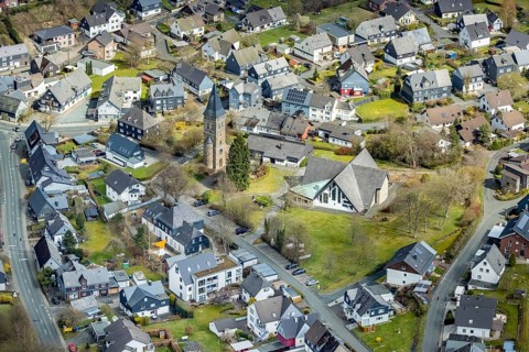 Aerial view, St. Martin's Catholic Church in Wilnsdorf, Siegerland, North Rhine-Westphalia,