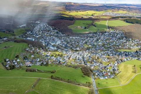 Aerial view, local view, catholic St. Martin church in Wilnsdorf and Protestant church - Protestant