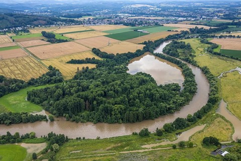 Aerial photo, Ruhr flood, Frohnhausen, Fröndenberg/Ruhr, Ruhr area, North Rhine-Westphalia,