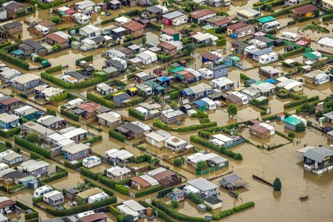 Aerial view, Ruhr flood, flooded camping site CampingClub Garenfeld Ruhrbogen e.v, Westhofen,