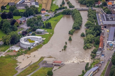Aerial photo, Ruhr flood, Ardey, Fröndenberg/Ruhr, Ruhr area, North Rhine-Westphalia, Germany, DE,