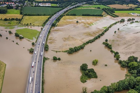 Aerial photo, Ruhr flood, Ruhr bridge of the Sauerland line A45, motorway bridge A45, Wandhofen,