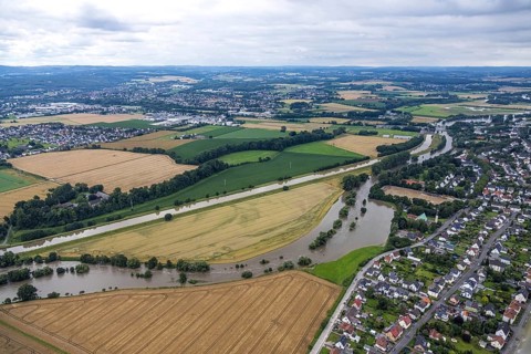 Aerial photo, Ruhr flood, Fröndenberg, Fröndenberg/Ruhr, Ruhr area, North Rhine-Westphalia,