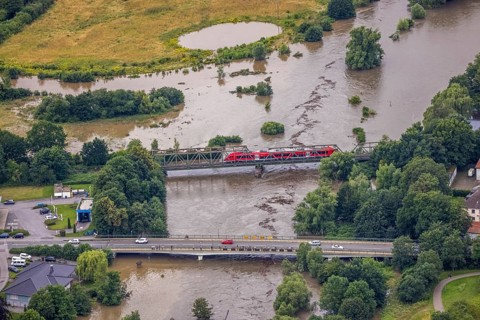 Aerial photo, Ruhr flood, Fröndenberg, Fröndenberg/Ruhr, Ruhr area, North Rhine-Westphalia,