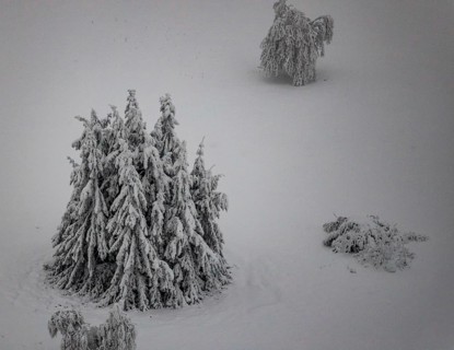 Aerial view of the snowy winter landscape of Winterberg below the Kahler Asten with snow-covered