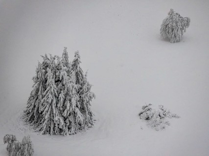Aerial view of the snowy winter landscape of Winterberg below the Kahler Asten with snow-covered