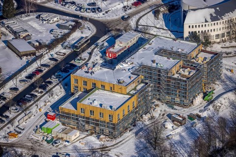 Aerial view, University of Witten / Herdecke, Annen, new campus extension in timber construction,