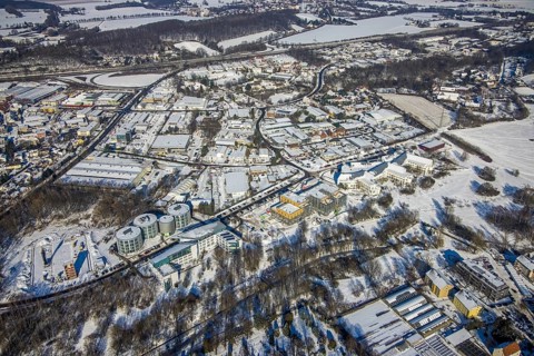 Aerial view, University of Witten / Herdecke, new campus extension in timber construction,
