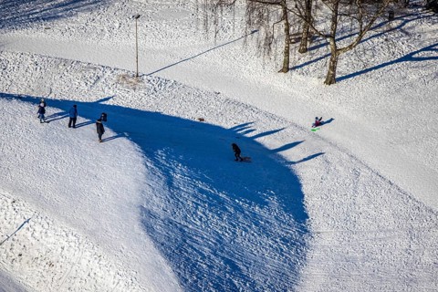 Aerial view, winter landscape on the Helenenberg, winter activities, Witten, Ruhr area, North