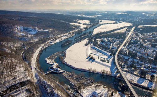 Aerial view, Ruhr river, Ruhr viaduct Witten, Hohenstein hydroelectric power station, Witten, Ruhr