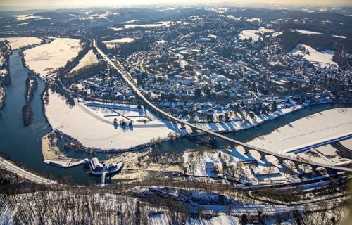 Aerial view, Ruhr river, Ruhr viaduct Witten, Hohenstein hydroelectric power station, Witten, Ruhr