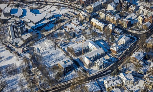 Aerial photo, construction site for living space former Scharfen machine factory, Scharfen Villa,