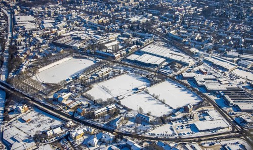 Aerial view, Wullenstadion with side fields, Westfalenstraße, Dortmunder Straße, Witten, Ruhr area,