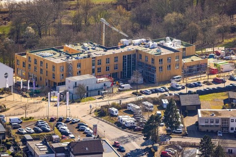 Aerial view, University of Witten / Herdecke, construction site new campus extension in timber