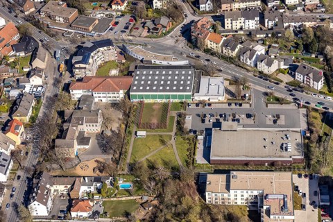 Aerial view, Pferdebachstraße corner Hörder Straße, Harkortschule and sports hall, Edeka