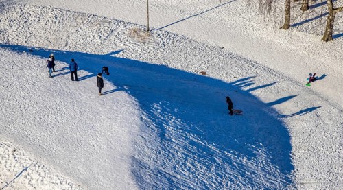 Aerial view, winter landscape on the Helenenberg, winter activities, Witten, Ruhr area, North