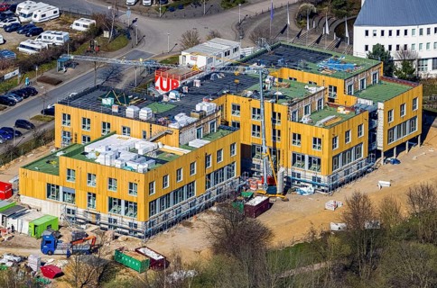 Aerial view, University of Witten / Herdecke, construction site new campus extension in timber