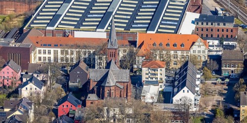 Aerial view, local view Witten-Annen, catholic church St. Joseph, old building, University of