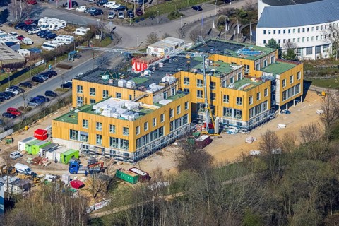 Aerial view, University of Witten / Herdecke, construction site new campus extension in timber