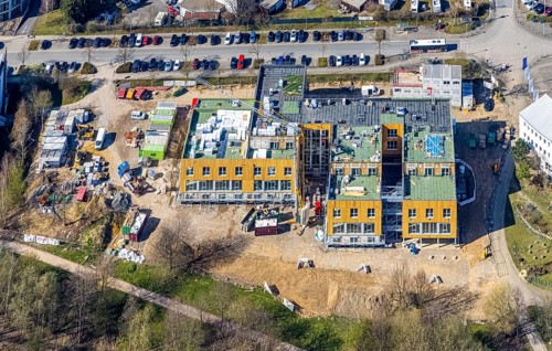 Aerial view, University of Witten / Herdecke, construction site new campus extension in timber