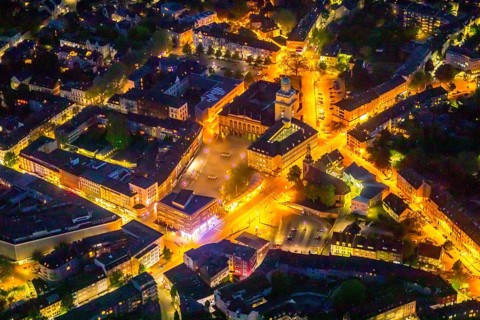 Aerial view, town hall and town hall square, St John's Church, Witten, Ruhr area, North