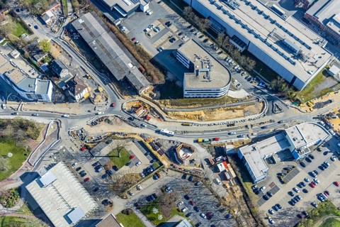 Aerial view, construction site reconstruction Pferdebachstraße, new construction cycle path bridge,