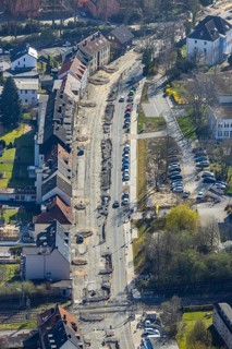 Aerial view, construction site reconstruction Pferdebachstraße with railway crossing Ziegelstraße,