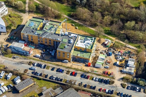 Aerial view, University of Witten / Herdecke, construction site new campus extension in timber