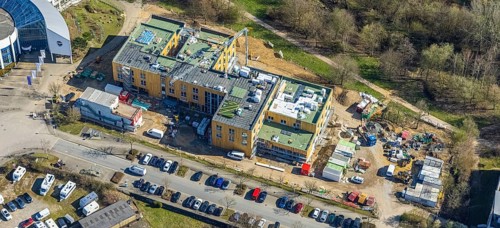 Aerial view, University of Witten / Herdecke, construction site new campus extension in timber