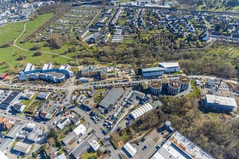 Aerial view, University of Witten / Herdecke, construction site new campus extension in timber