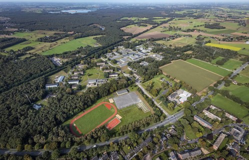 Aerial view, Schill barracks with sports field in the district Blumenkamp in Wesel, Lower Rhine,