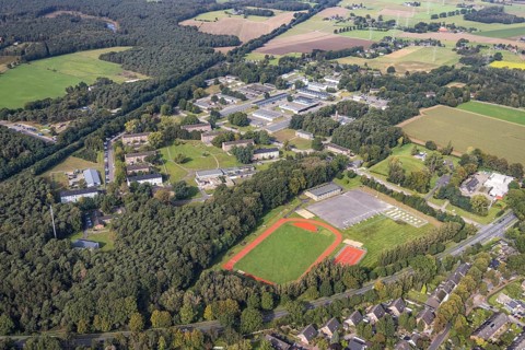 Aerial view, Schill barracks with sports field in the district Blumenkamp in Wesel, Lower Rhine,