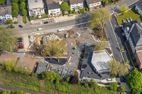 Aerial view, construction site at Kaiserstrasse, Lichtburg Stadtsaal, Wetter, Ruhr area, North