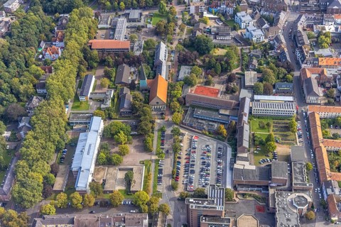 Aerial view, Realschule Mitte and Katholisches Bildungsforum Wesel and St. Martini Church in Wesel,