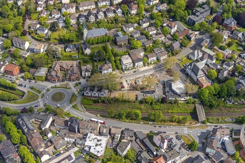 Aerial view, construction site at Kaiserstrasse, Lichtburg Stadtsaal, new roundabout, Wetter, Ruhr